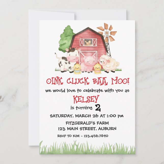 Invitación de cumpleaños con tema de granja tradic (Anverso)