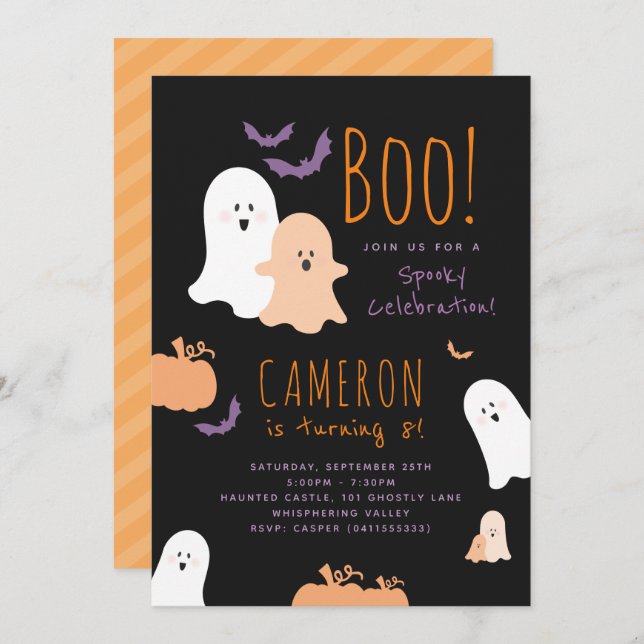 Invitación de cumpleaños con tema de Halloween (Anverso / Reverso)