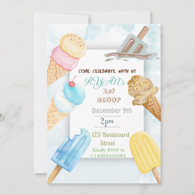Invitación de cumpleaños con tema de helado de 1ra (Anverso)