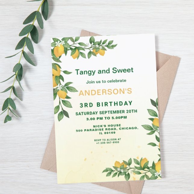 Invitación de cumpleaños con tema de limón - Invit (Lemon Themed Birthday Invitation)
