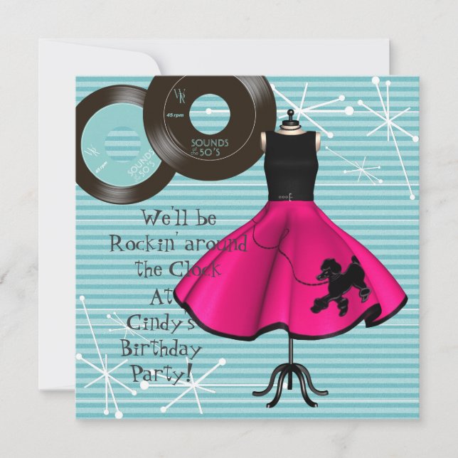 Invitación de cumpleaños con tema de los años 50 (Anverso)