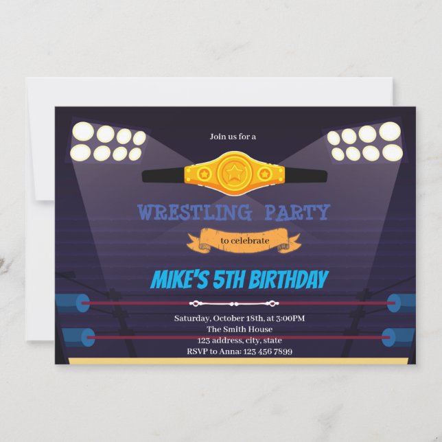 Invitación de cumpleaños con tema de lucha libre (Anverso)