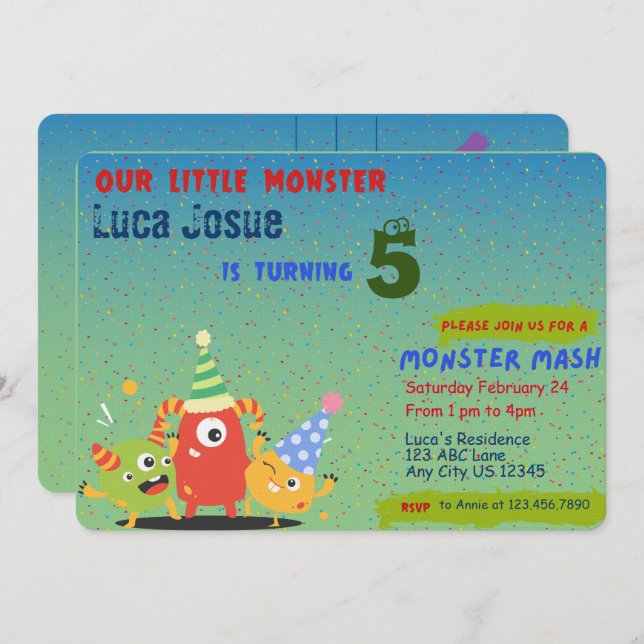 Invitación de cumpleaños con tema de Monstruito (Anverso / Reverso)
