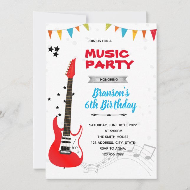 invitación de cumpleaños con tema de música rock (Anverso)