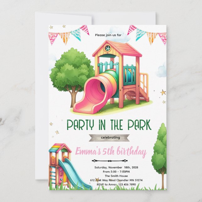 invitación de cumpleaños con tema de niña de patio (Anverso)