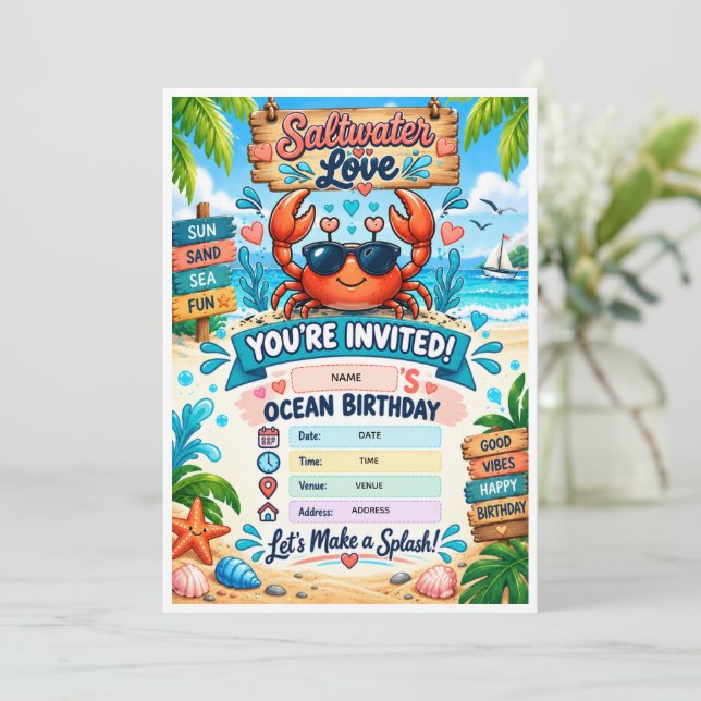 Invitación de cumpleaños con tema de océano (Anverso de pie)