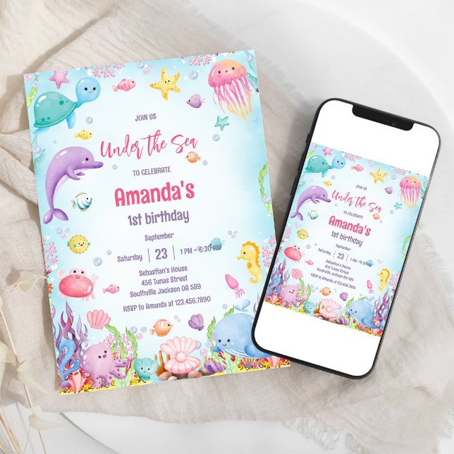 Invitación de cumpleaños con tema de océano bajo e (Subido por el creador)