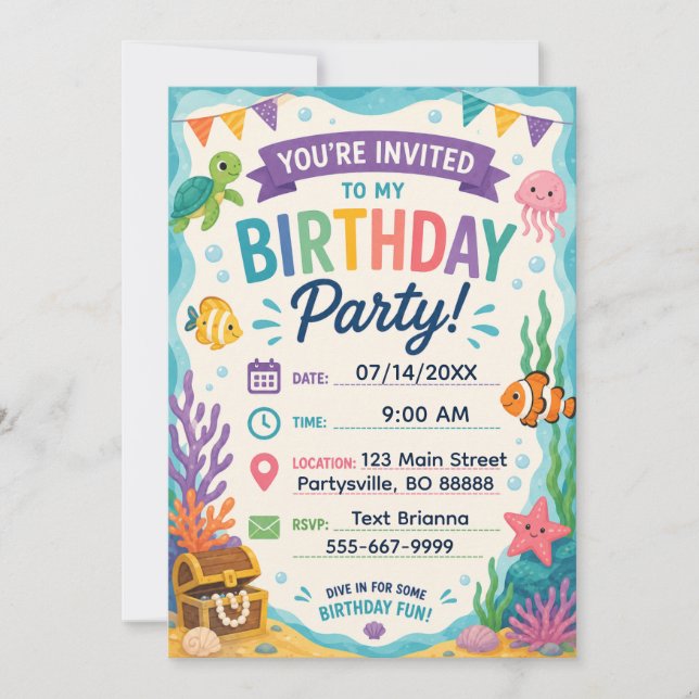 Invitación de cumpleaños con tema de océano Bajo e (Anverso)