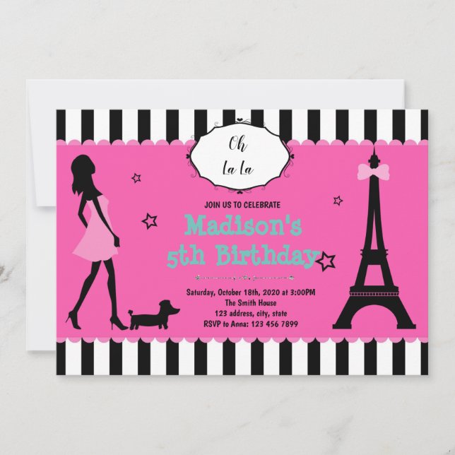 Invitación de cumpleaños con tema de París adorabl (Anverso)