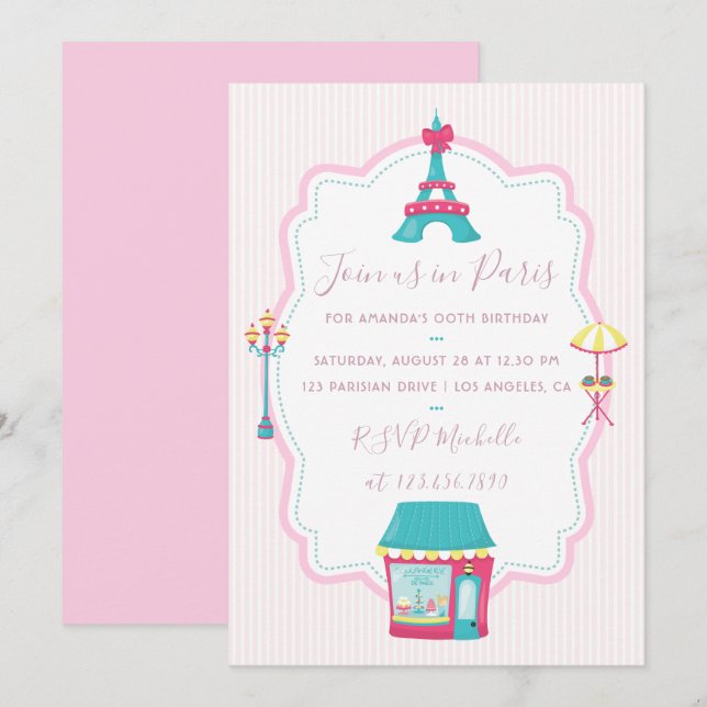 Invitación de cumpleaños con tema de París rosa pa (Anverso / Reverso)