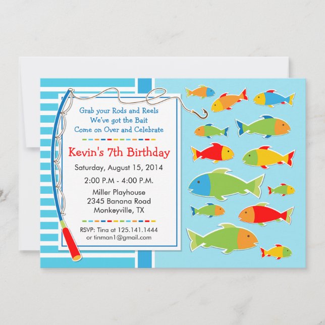 Invitación de cumpleaños con tema de pesca (Anverso)