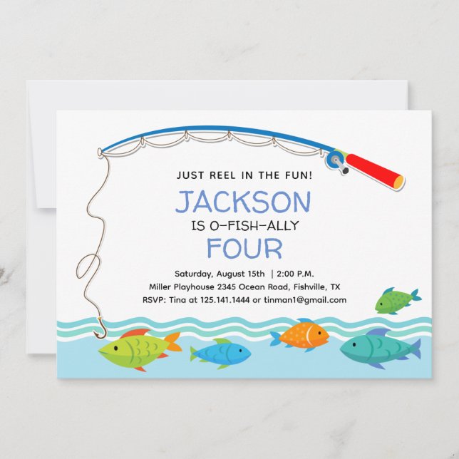 Invitación de cumpleaños con tema de pesca para pr (Anverso)