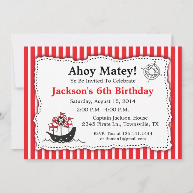 Invitación de cumpleaños con tema de pirata (Anverso)