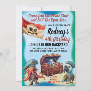Invitación de cumpleaños con tema de pirata lindo