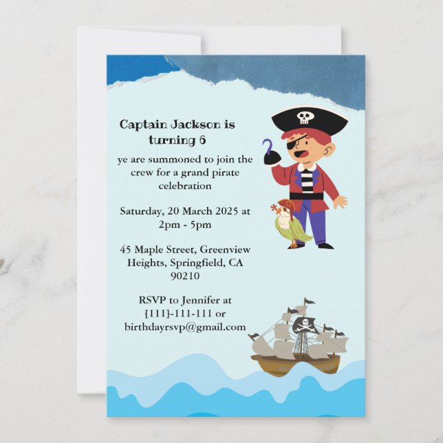 Invitación de cumpleaños con tema de piratas (Anverso)