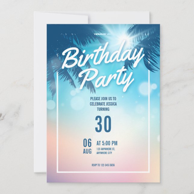 Invitación de cumpleaños con tema de playa (Anverso)