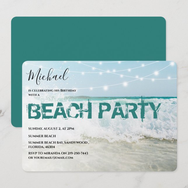 Invitación de cumpleaños con tema de playa elegant (Anverso / Reverso)