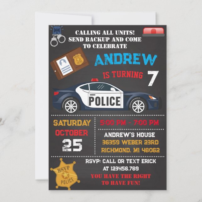 Invitación de cumpleaños con tema de policía moder (Anverso)