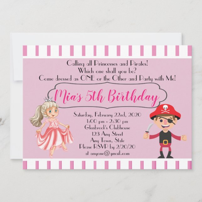Invitación de cumpleaños con tema de princesa pira (Anverso)