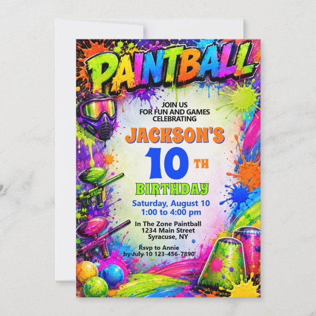 Invitación de cumpleaños con tema de salpicaduras  (Anverso)