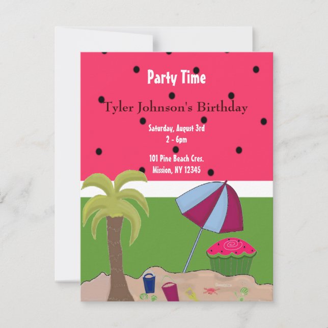 Invitación de cumpleaños con tema de sandía de ver (Anverso)