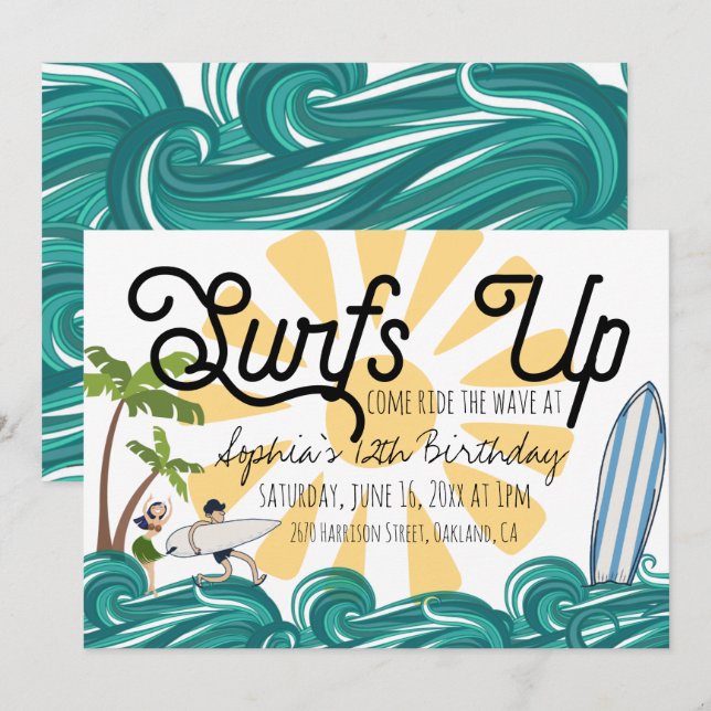 Invitación de cumpleaños con tema de surf (Anverso / Reverso)
