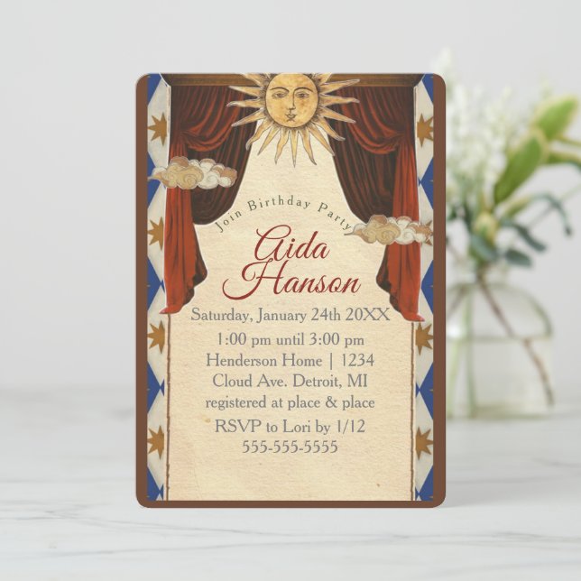 Invitación de cumpleaños con tema de Tarot (Anverso de pie)