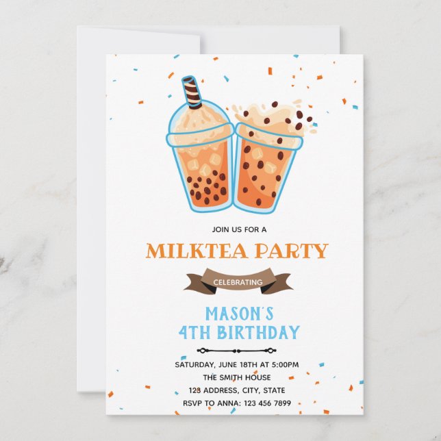 Invitación de cumpleaños con tema de té de burbuja (Anverso)