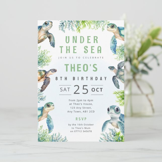 Invitación de cumpleaños con tema de tortuga, fies (Anverso de pie)
