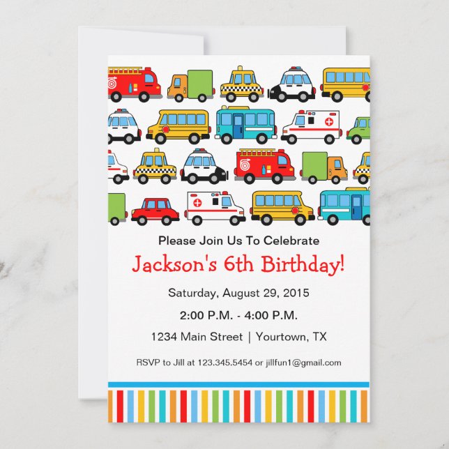Invitación de cumpleaños con tema de transporte (Anverso)