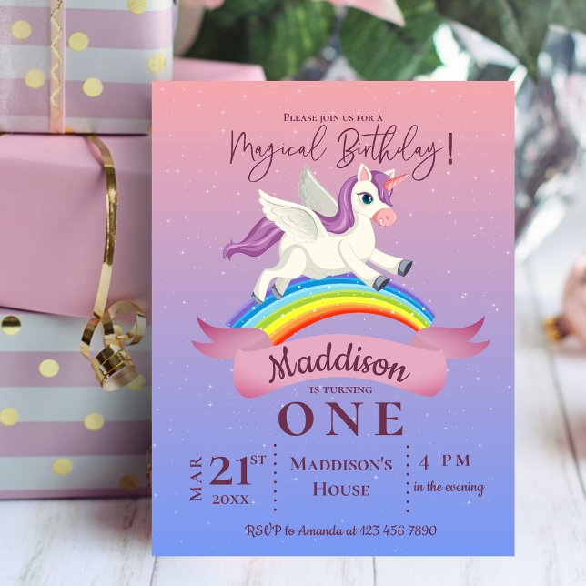 Invitación de cumpleaños con tema de Unicornio mág (Pastel Magical Unicorn Themed Birthday Invitation Postcard)