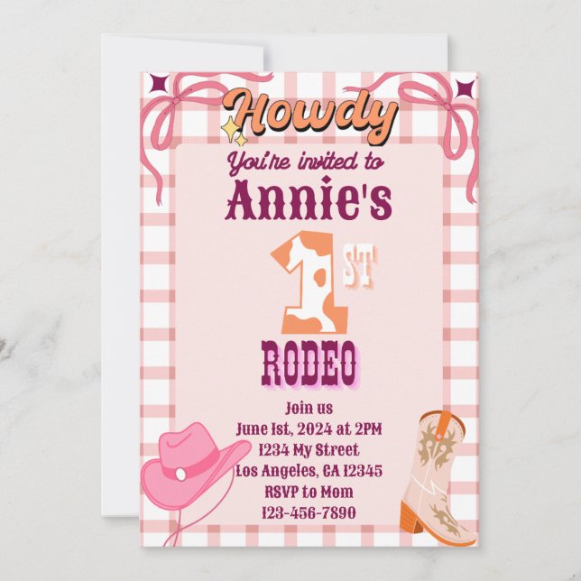 Invitación de cumpleaños con tema de vaquera de ro (Anverso)