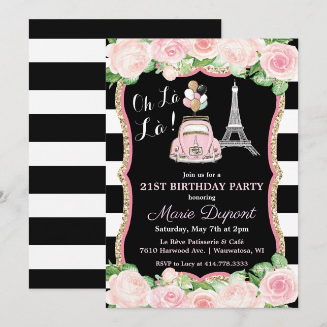 Invitación de cumpleaños con tema de viaje a París (Anverso / Reverso)