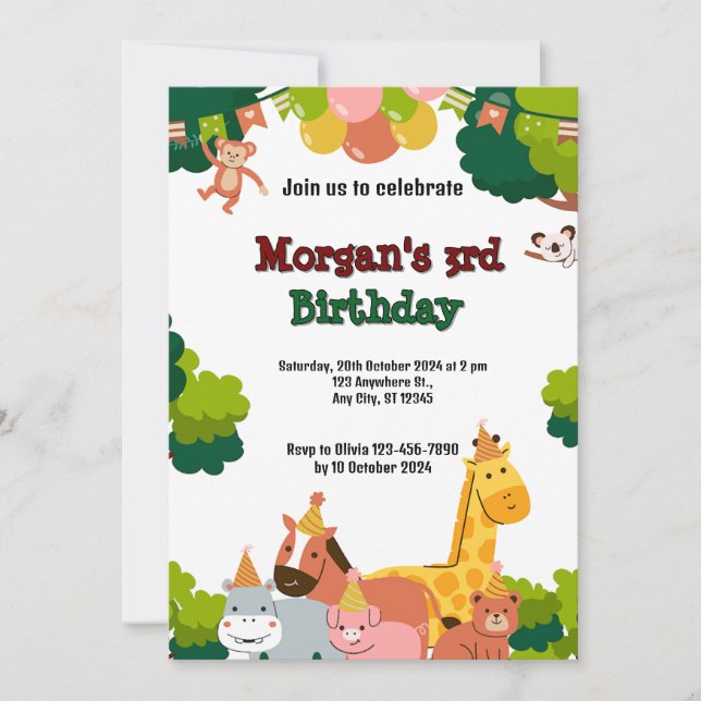 invitación de cumpleaños con tema de vida silvestr (Anverso)