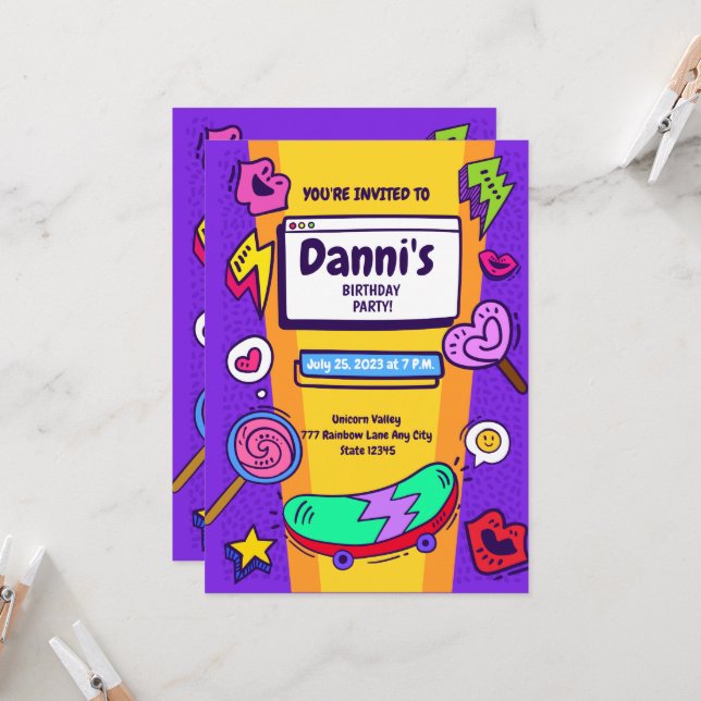 Invitación de cumpleaños con tema genial nostálgic (Anverso/Reverso In Situ)