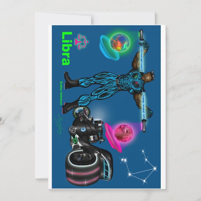 Invitación de cumpleaños con tema Libra. (Anverso)