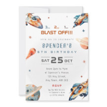 Invitación de cumpleaños con tema retro de cohete 