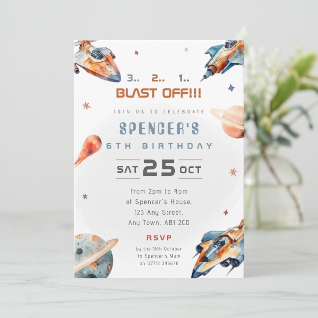 Invitación de cumpleaños con tema retro de cohete  (Anverso de pie)