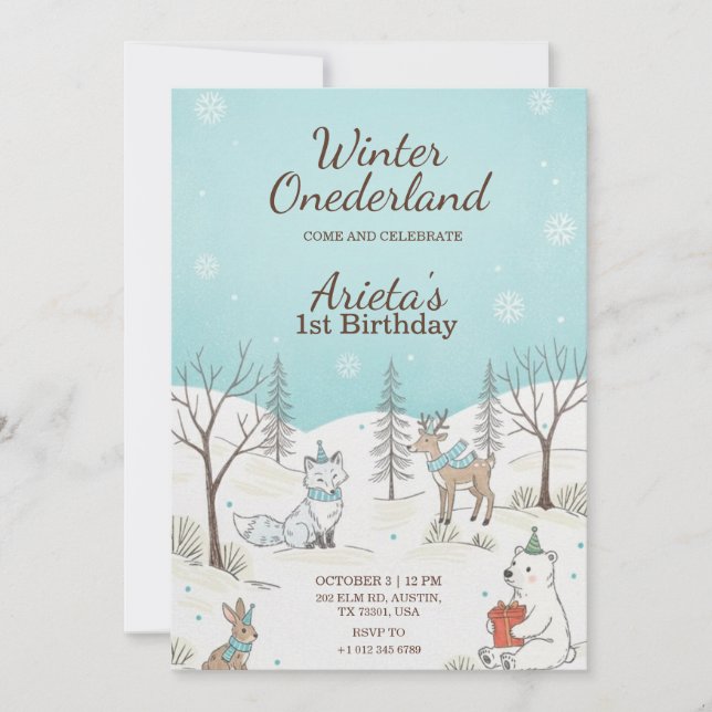 Invitación de cumpleaños con tema Winter Onederlan (Anverso)