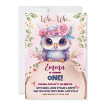 Invitación de cumpleaños con temática de búho rosa