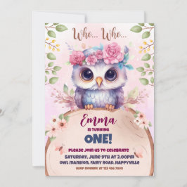 Invitación de cumpleaños con temática de búho rosa