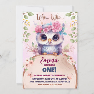 Invitación de cumpleaños con temática de búho rosa
