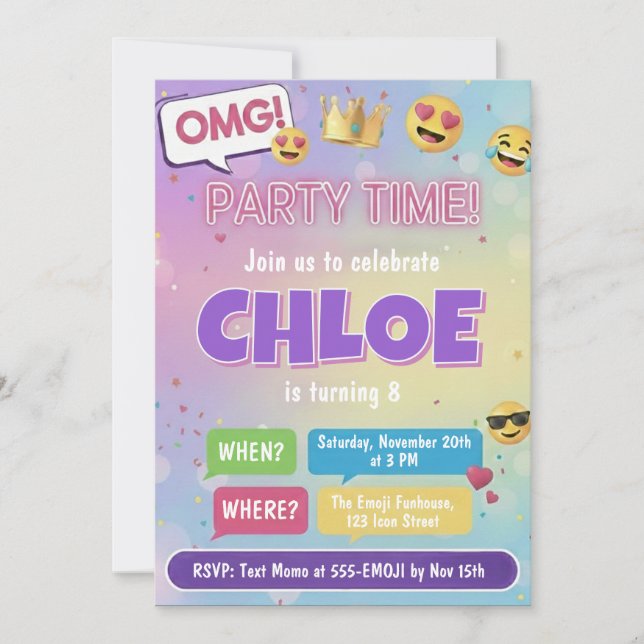 Invitación de cumpleaños con temática de emojis ne (Anverso)