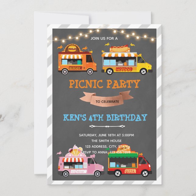 invitación de cumpleaños con temática de foodtruck (Anverso)