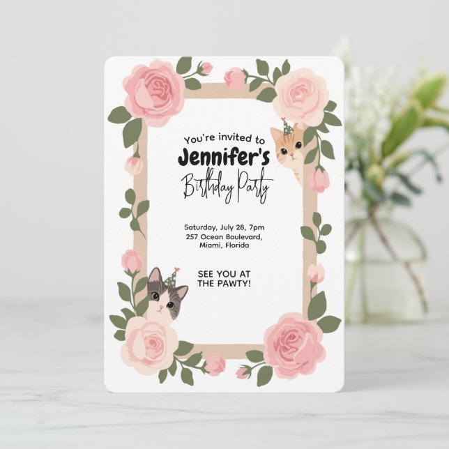 Invitación de cumpleaños con temática floral de ga (Anverso de pie)