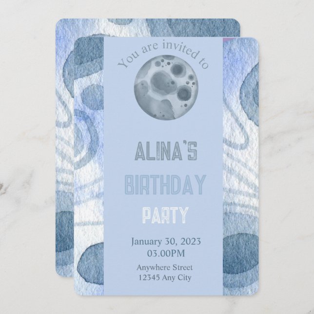 Invitación de cumpleaños con temática lunar (Anverso / Reverso)
