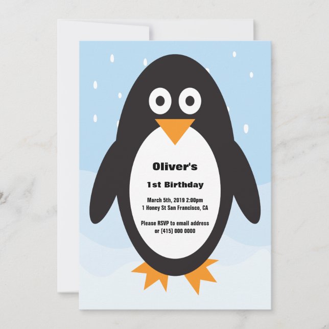 Invitación de cumpleaños con temática pingüina (Anverso)