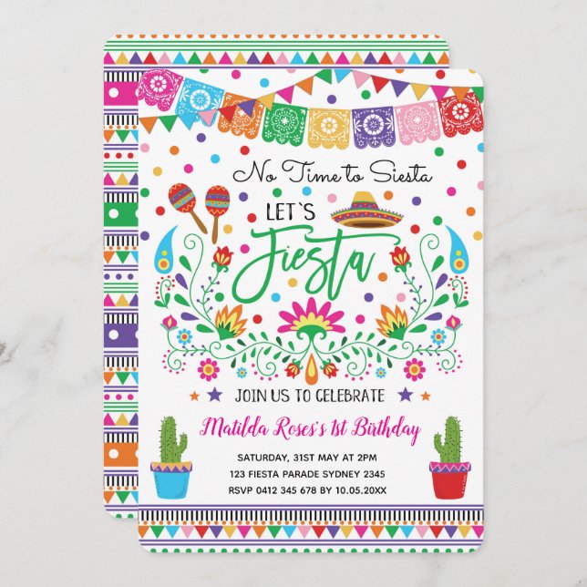 Invitación de cumpleaños con temátoca mexicana (Anverso / Reverso)