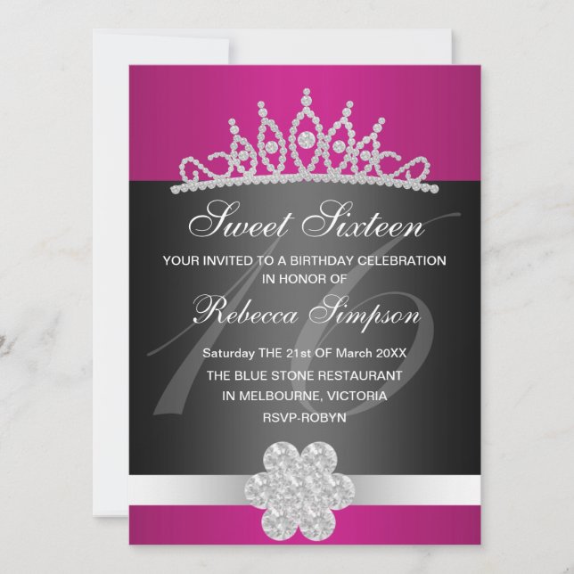Invitación de cumpleaños con tiara de destellos ne (Anverso)