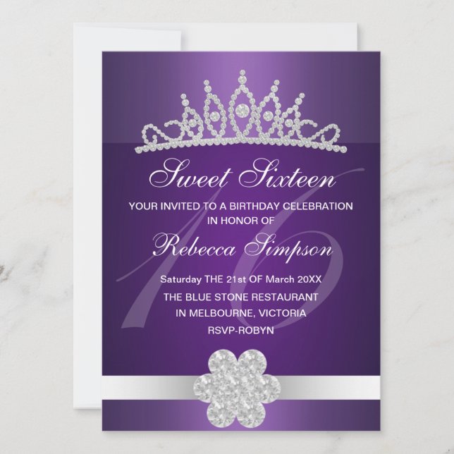 Invitación de cumpleaños con tiara de destellos pú (Anverso)